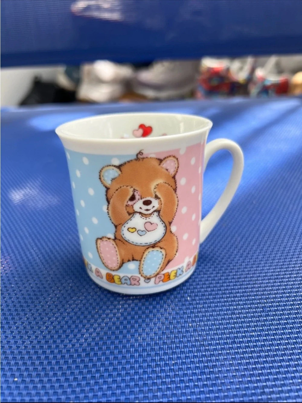 Enesco Brown Bear Ceramic Cup with Blue and Pink Panels vintage